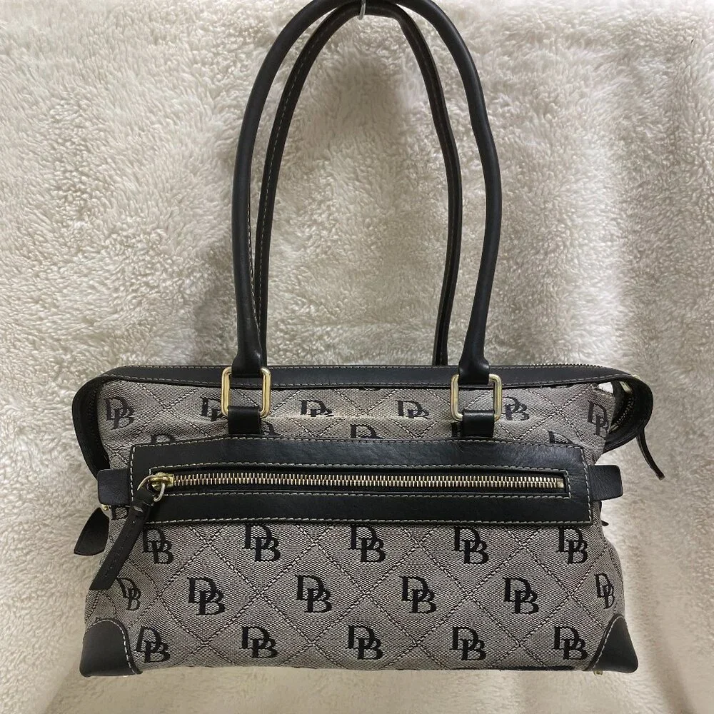 Dooney & Bourke Black/Grey Double Pocket Canvas/Leather Quilted Pattern Satchel - Picture 2 of 14